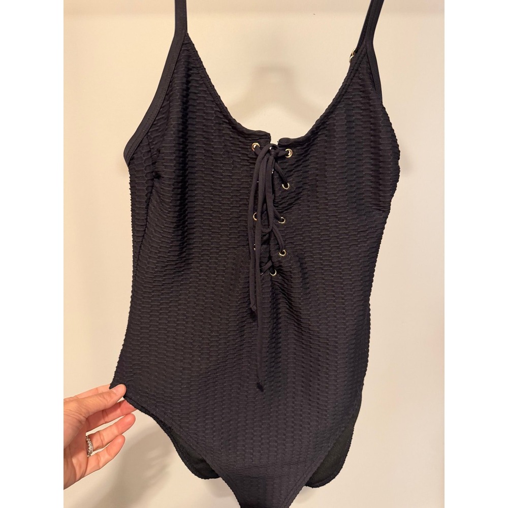 Kenneth Cole Black Textured Lace-Up Front One-Piece Swimsuit
